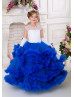 White Lace Royal Blue Tulle Ruffled Keyhole Back Flower Girl Dress